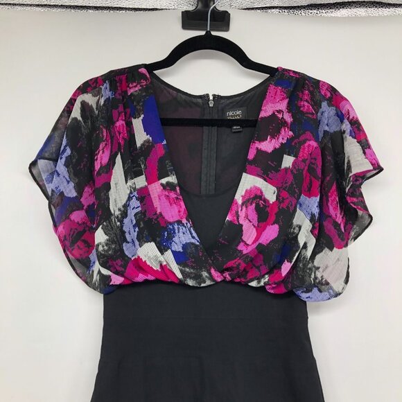 Nicole by Nicole Miller Black & Fuchsia Floral Mini Dress size 6 - Picture 4 of 15
